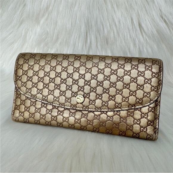 Gucci Handbags - Gucci Metallic Leather Microguccisima Trifold Long Wallet